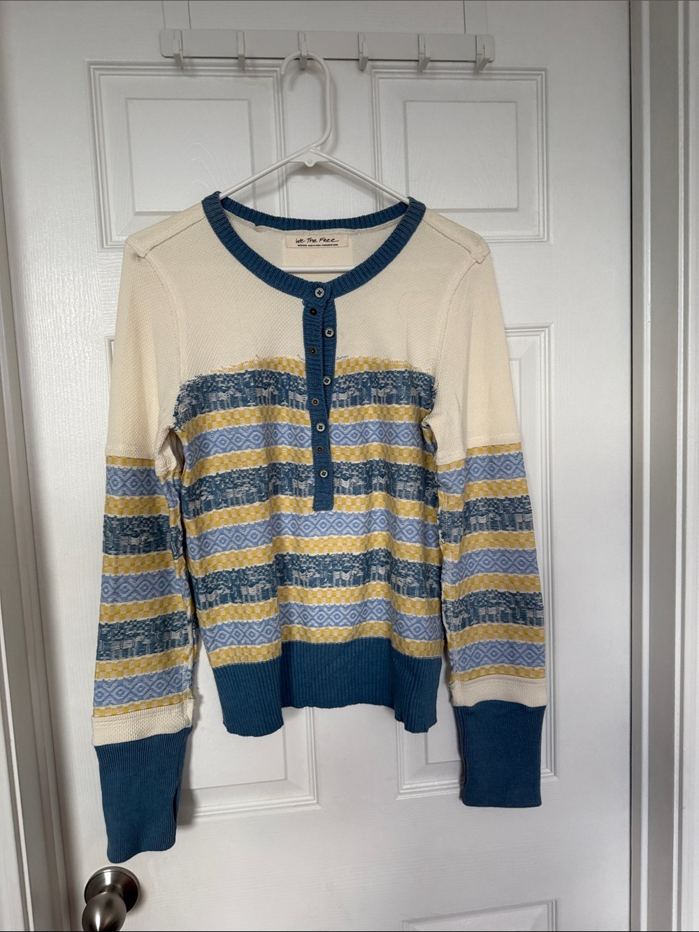 We The Free Striped Scoop Henley Sweater in Cream, Blue & Yellow Gold